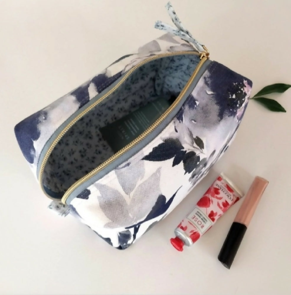 Watercolour Blues floral canvas makeup bag - Cosmetics, toiletries - Handmade gift