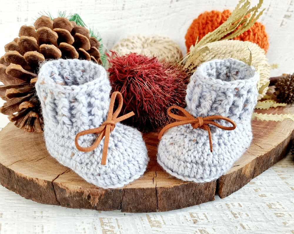 Baby Booties Blue/Grey Tweed Newborn Crochet Knit Shoes Socks