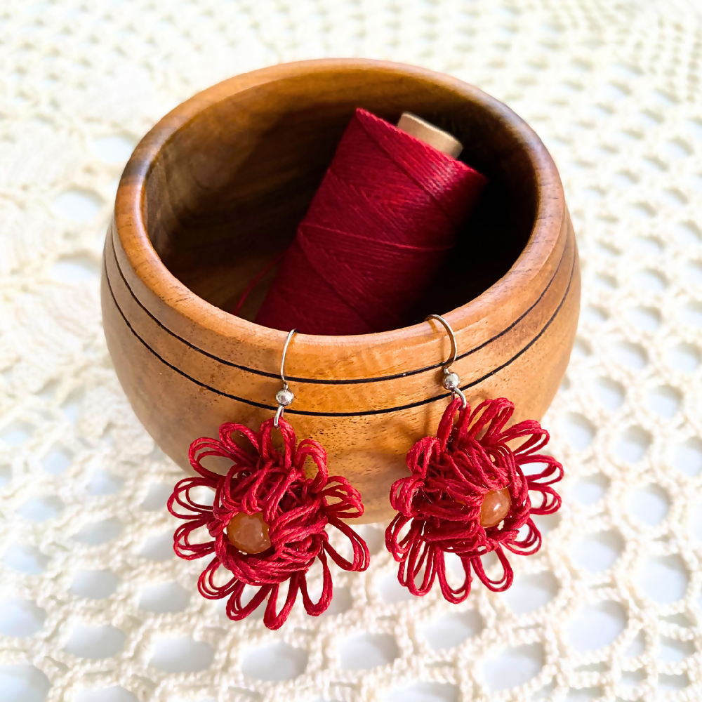 Handmade_Earrings_Flower_Beaded_Gemstone_Red-7