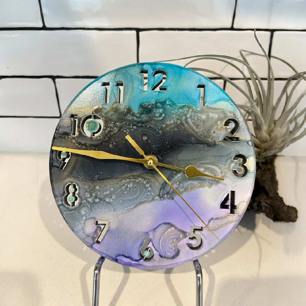 Timber Clock | 20cm Alcohol Ink | Lilac - Black