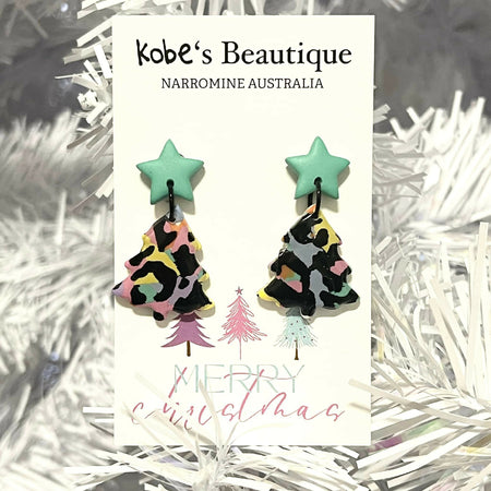 Leopard Print Christmas Tree Earrings with Teal Star Tops