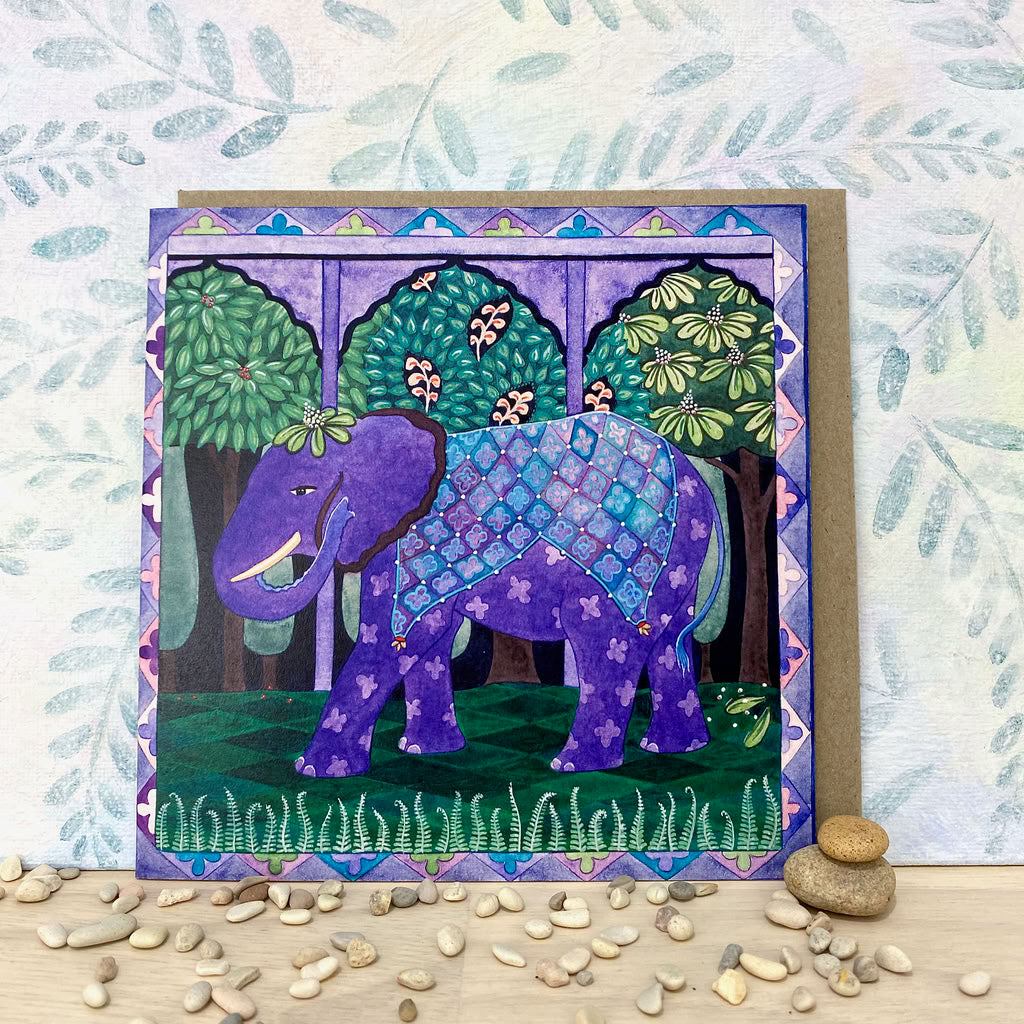 Happy Elephant Strolling in the Night Garden Eco-Card (sq-humm)