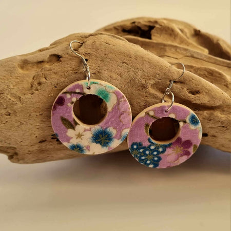Hikari Woodglass Jewelry Series : Japanese Fabric Wooden Earrings with Sea Glass (Medium for Subtlety)