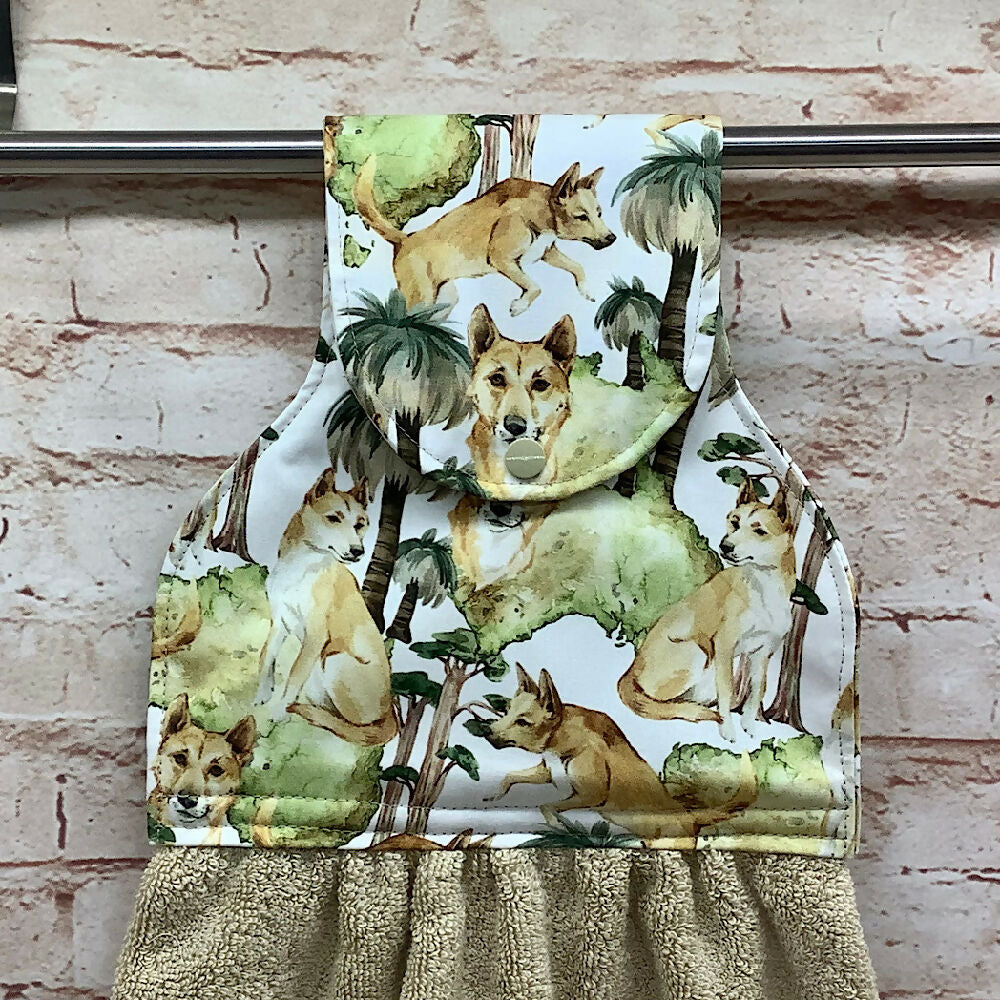 Dingoes hanging hand towel with fabric and loop top. - 2 Designs