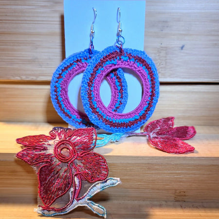 Micro-crochet dangle earrings pink, blue,and red. SS hooks.