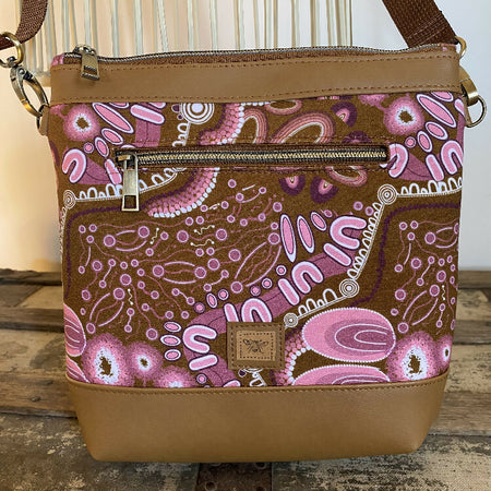 Mia Crossbody Bag - Pink & Tan Indigenous Print/Dk Brown Faux Leather