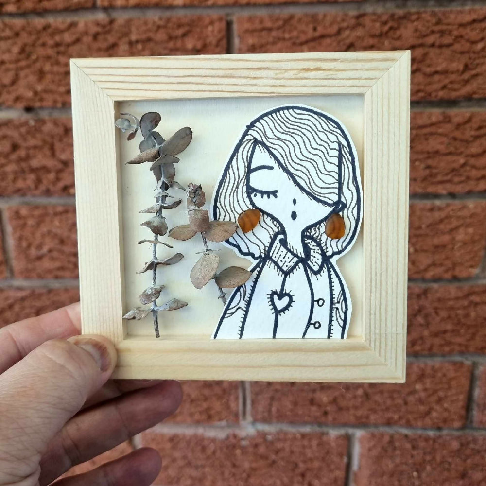 Sea Glass Series : Original line art of Allysa with air dried eucalyptus branch and sea glass