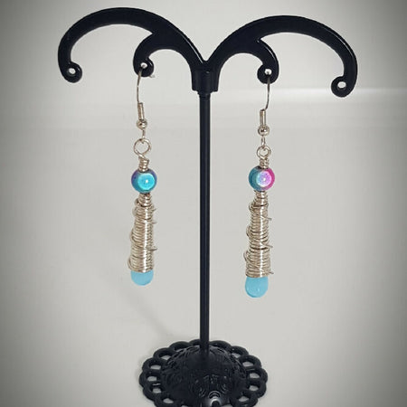 Silver coil earrings with blue/pink beads and stirling hooks