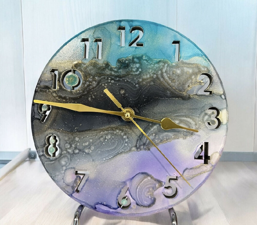 Timber Clock | 20cm Alcohol Ink | Lilac - Black