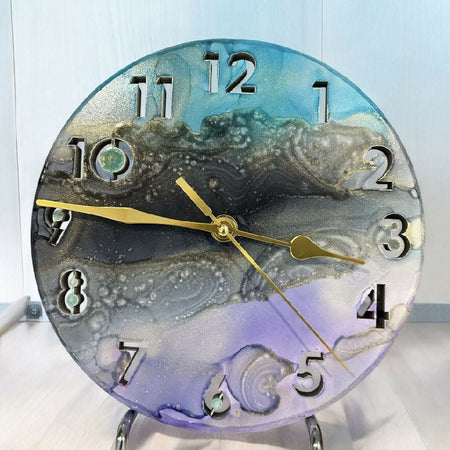 Timber Clock | 20cm Alcohol Ink | Lilac - Black