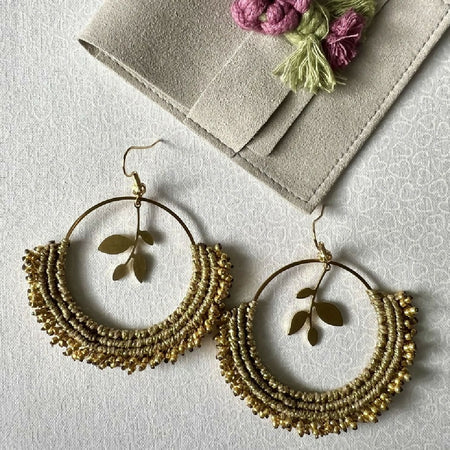 Golden Micro Macrame Earrings beaded +Free Microfiber Pouch