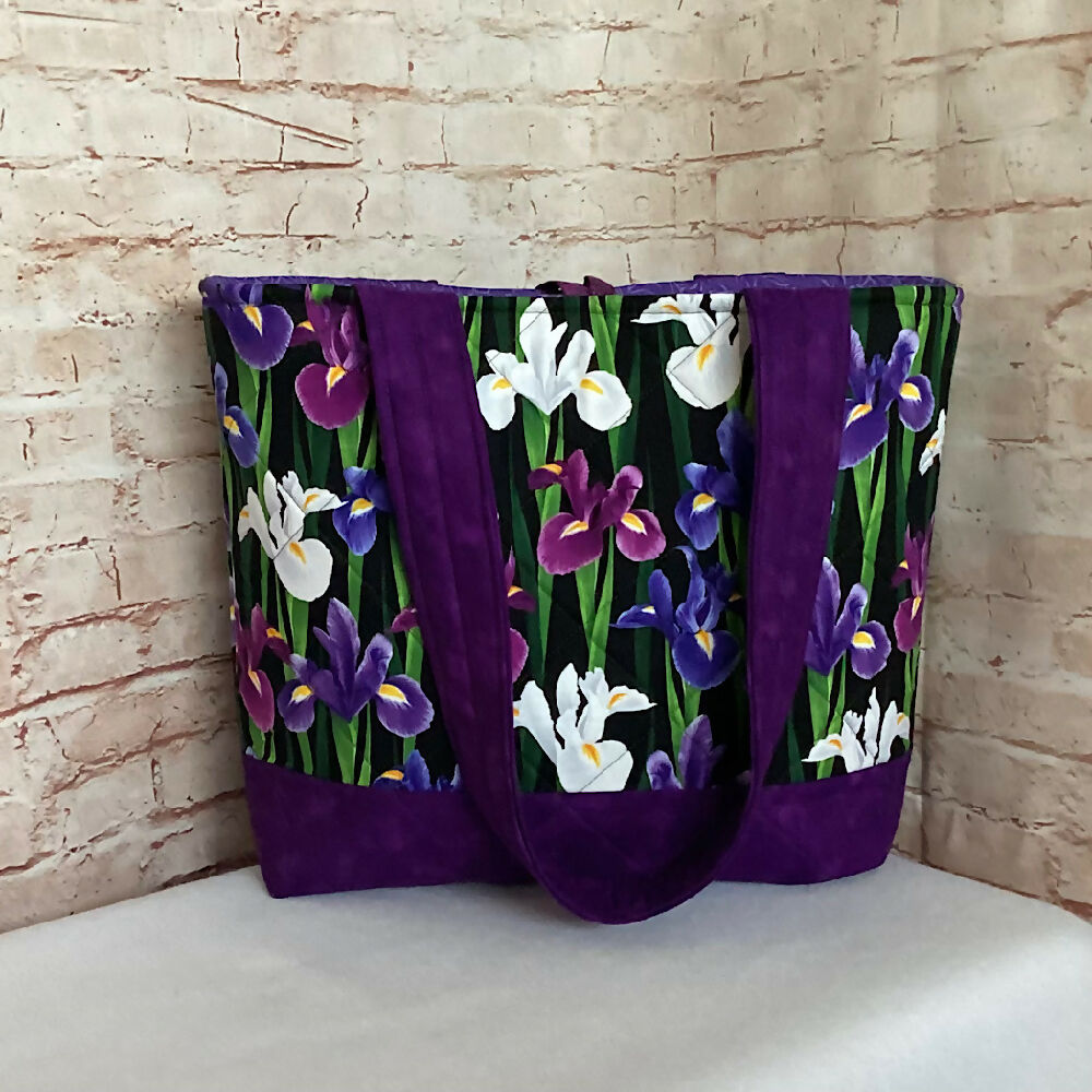 Purple Irises Floral handbag, tote, shoulder bag for shopping, travel or craft.