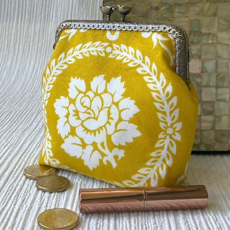 Large kiss-lock frame purse - mustard yellow and white