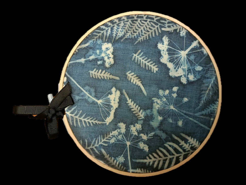 Cyanotypes and hand embroideries in timber hoops various sizes