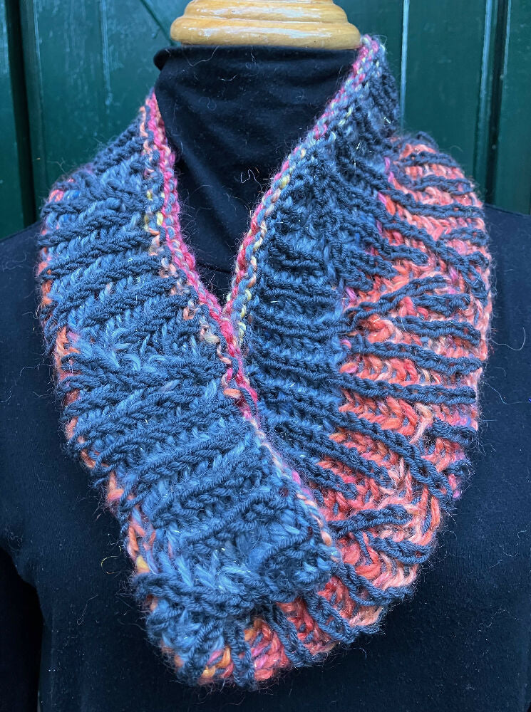 Smoke and Fire Brioche Stitch Ring Scarf or Cowl - Hand knitted from Hand spun yarn