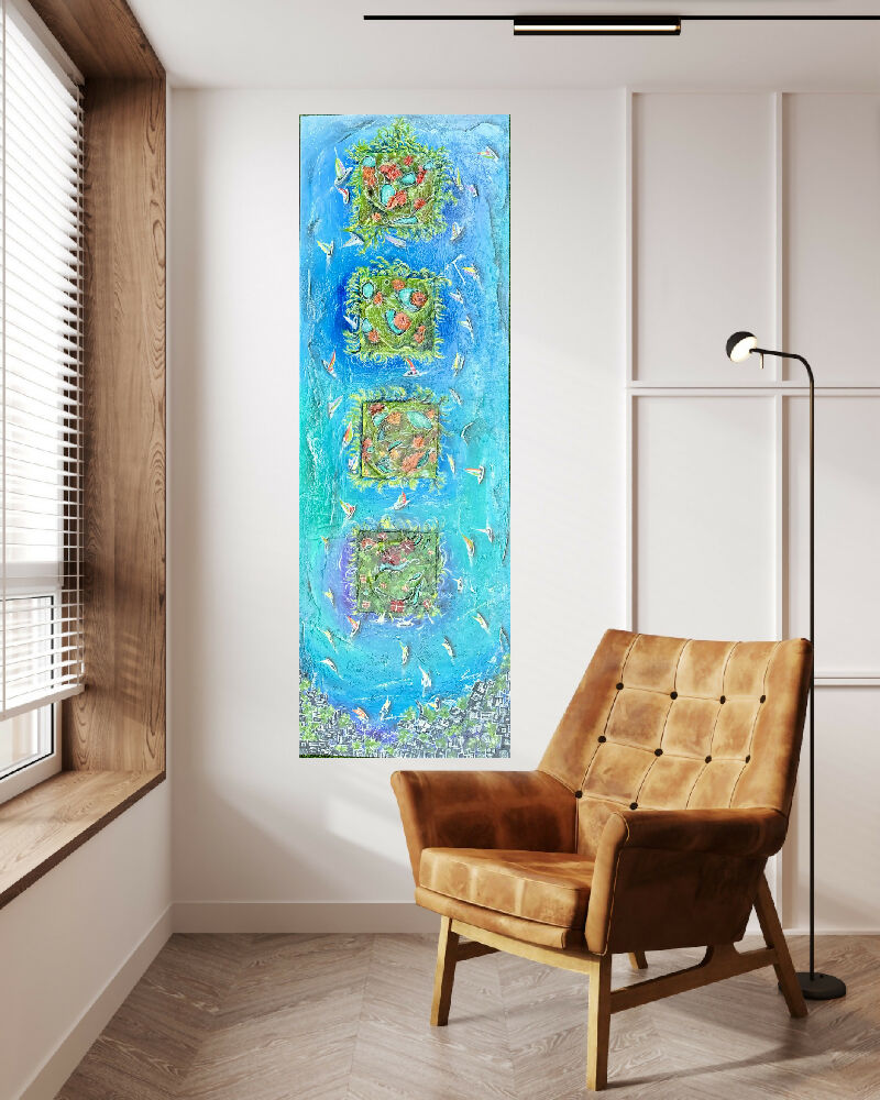 Sail Away , mixed medium on stretched canvas 150x50cm, ready to hand
