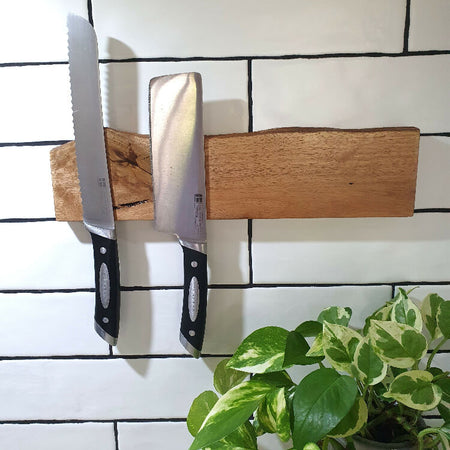 Kitchen Magnetic Knife Holder, Wall Mounted, 35cm, Holds 6 knives,Australian Made, Marri Timber, Unique Wedding Present, Natural Edge