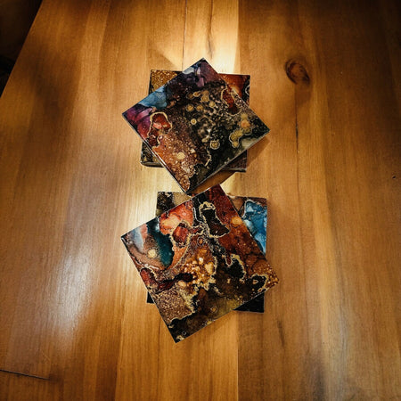 Resin/Alcohol Ink Drink Coasters (Set of 4) Gold/Brown/Teal