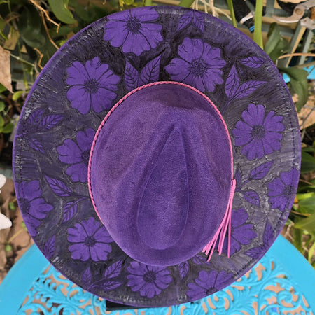 Dark purple fedora hat with flowers pattern