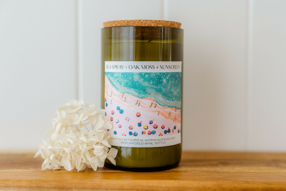 Sea Spray + Oak Moss + Sunscreen Wine bottle candle