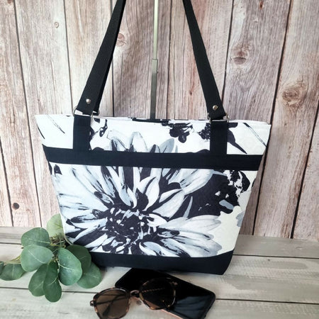 Upcycled large tote - black & grey dahlia on white