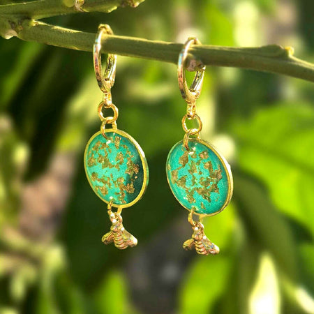 Teal and Gold Resin Bee Charm Earrings