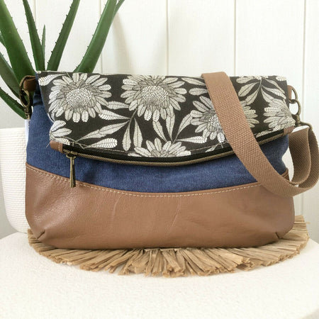 Fold Over Bag in Tan Leather, Blue Canvas and Waratah Fabric