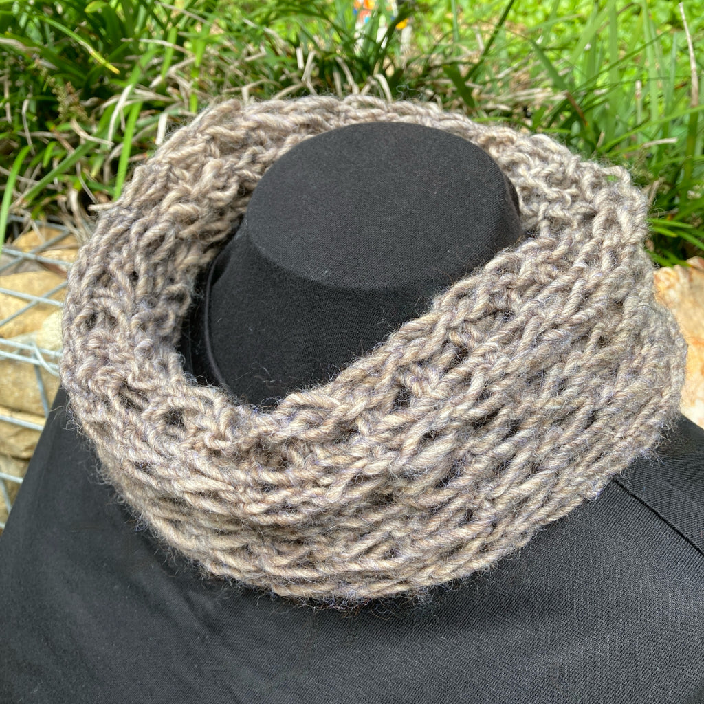 Hand-knitted Cowl - Scarf - Soft and Stretchy - Beige/Brown