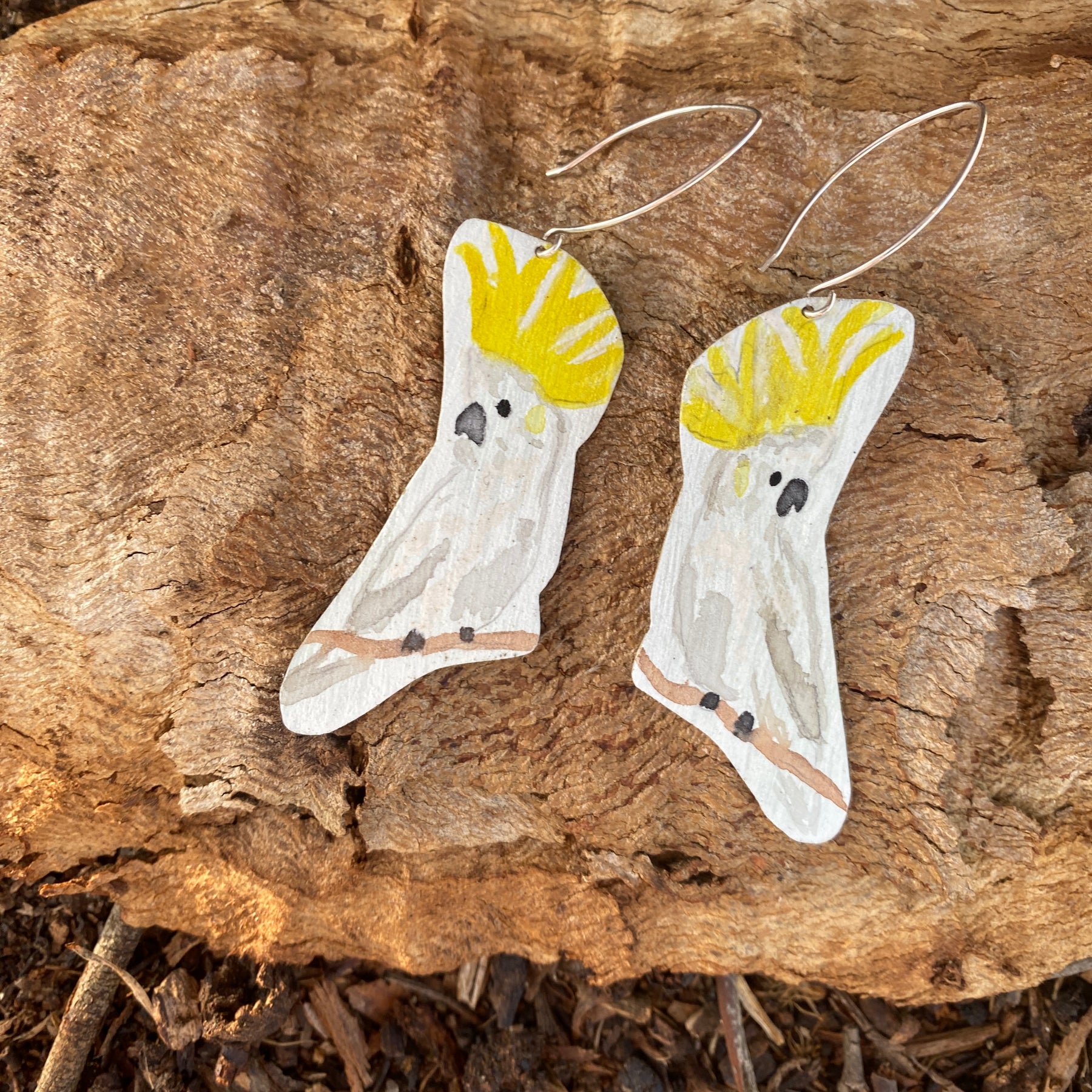 Cockatoo Earrings - Hand painted brass statement jewellery