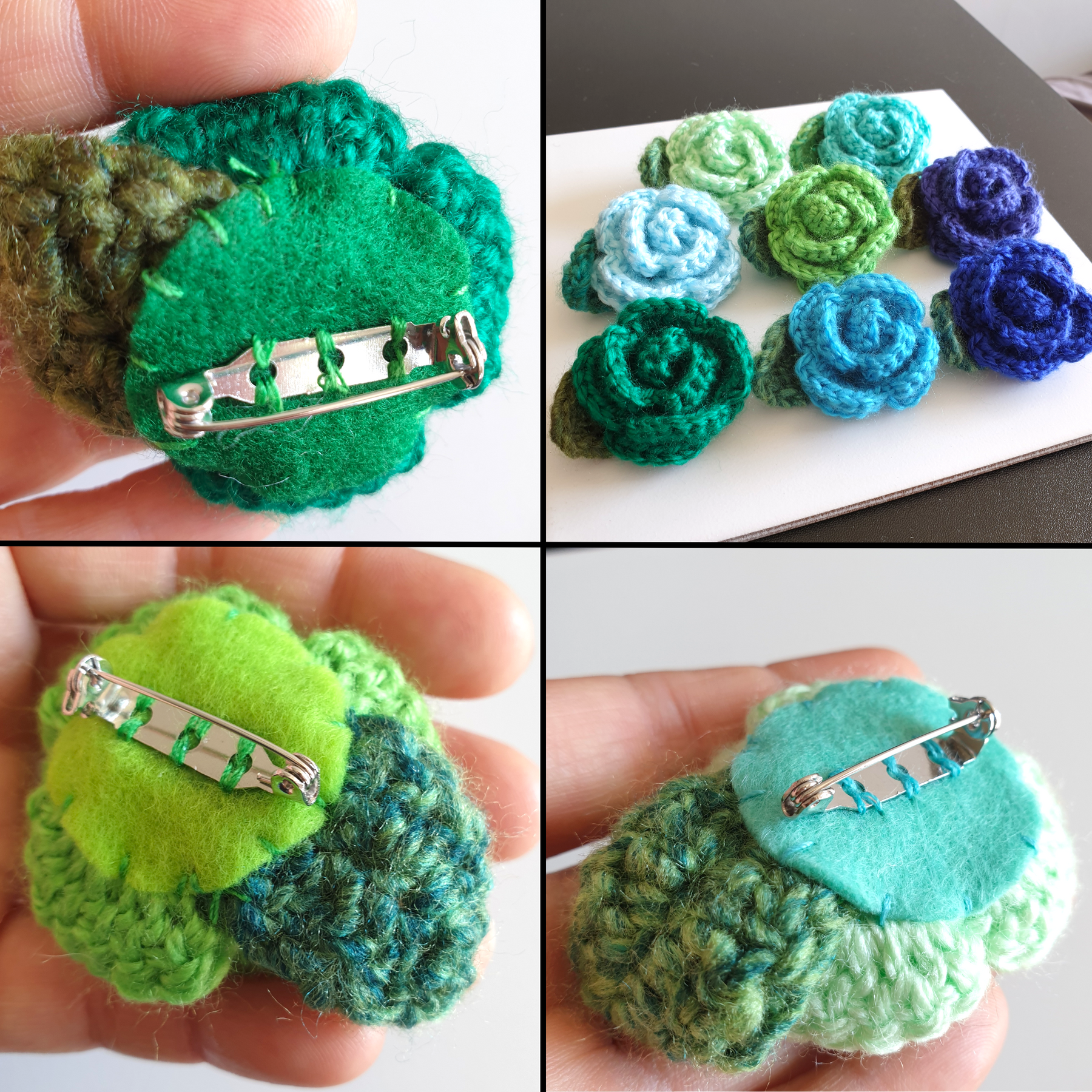 Colourful Hand Knitted Small Crochet Rose Flower + Leaf Brooch - Green Blue (Type 1.3)