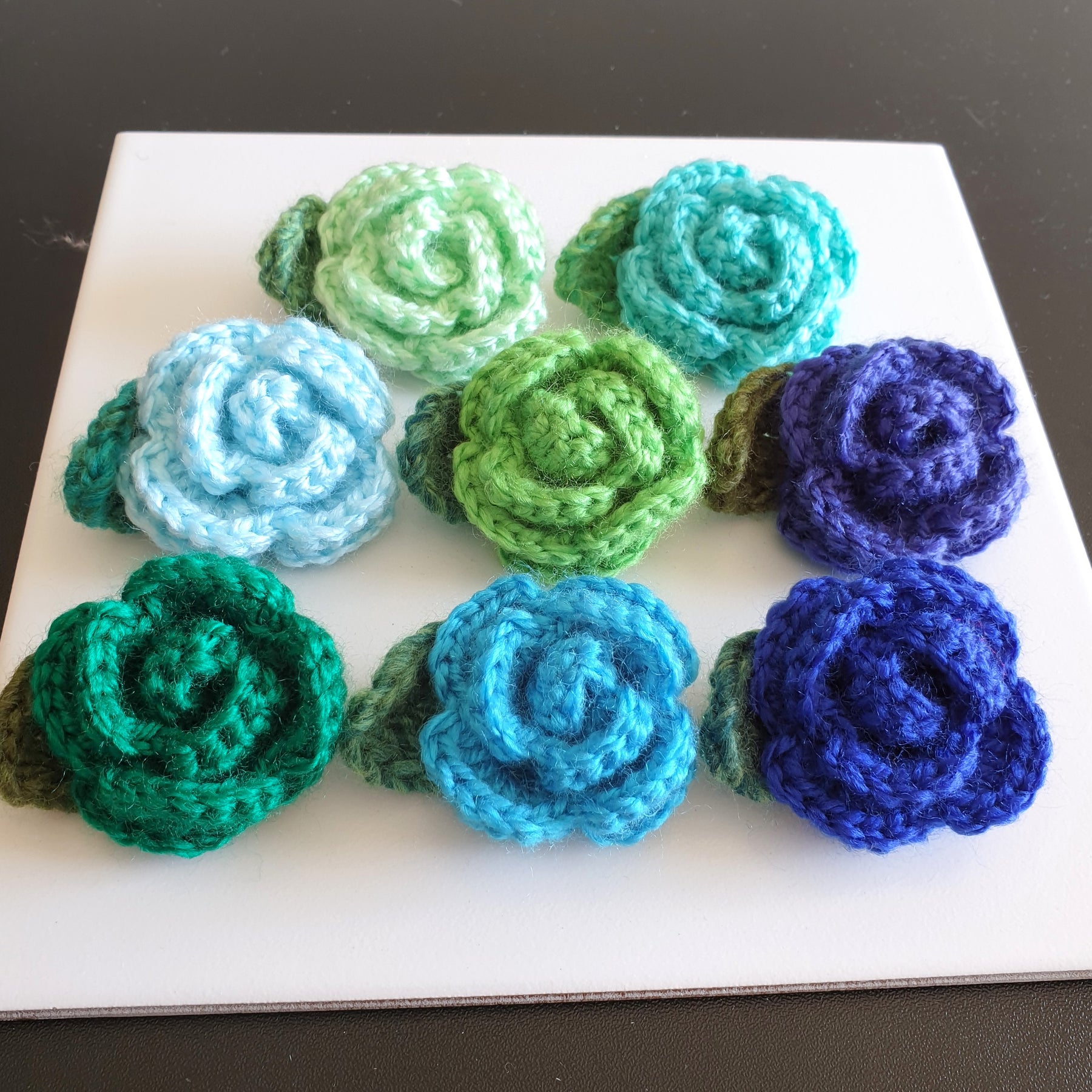 Colourful Hand Knitted Small Crochet Rose Flower + Leaf Brooch - Green Blue (Type 1.3)