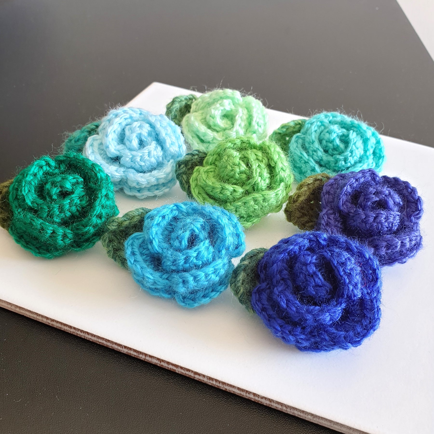 Colourful Hand Knitted Small Crochet Rose Flower + Leaf Brooch - Green Blue (Type 1.3)