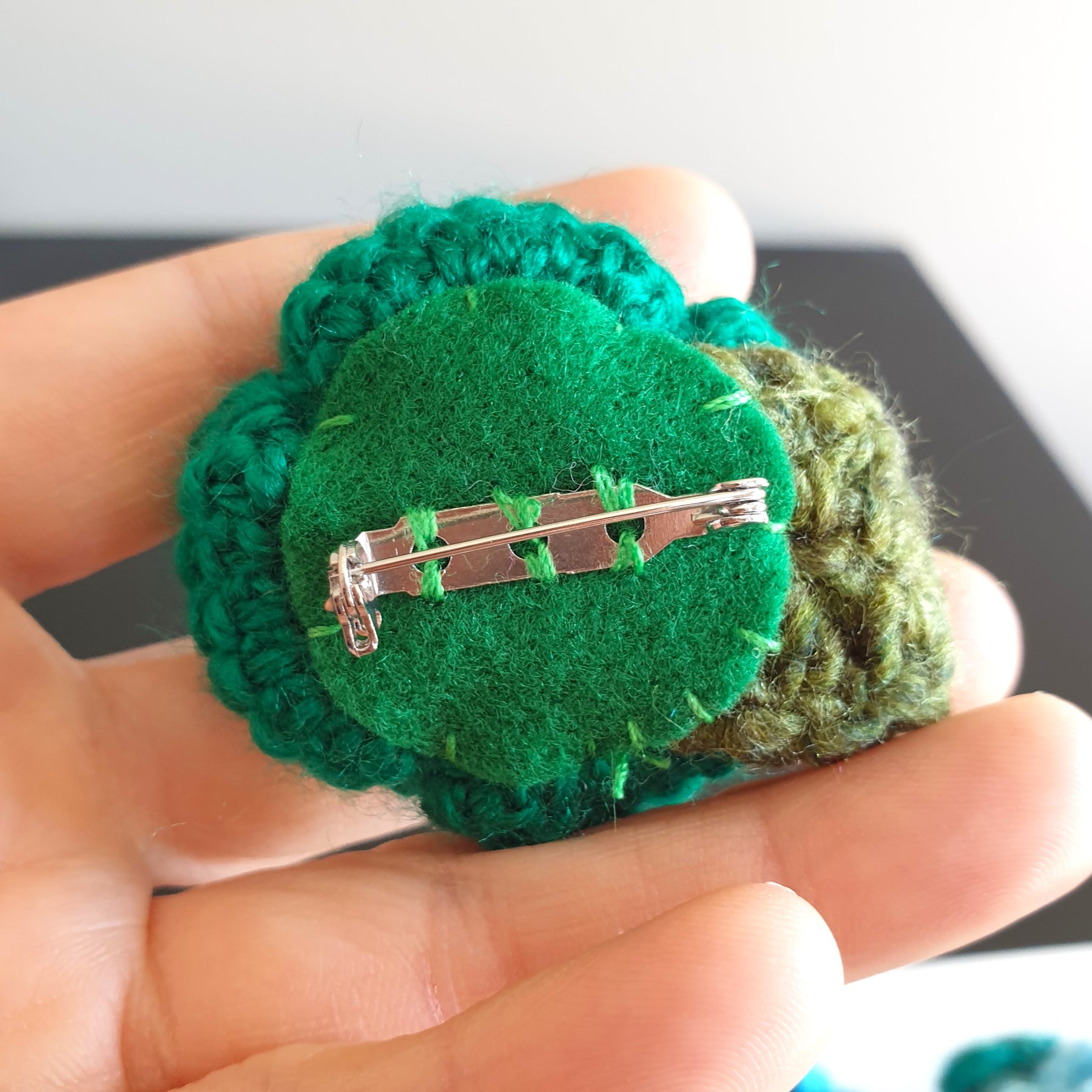 Colourful Hand Knitted Small Crochet Rose Flower + Leaf Brooch - Green Blue (Type 1.3)