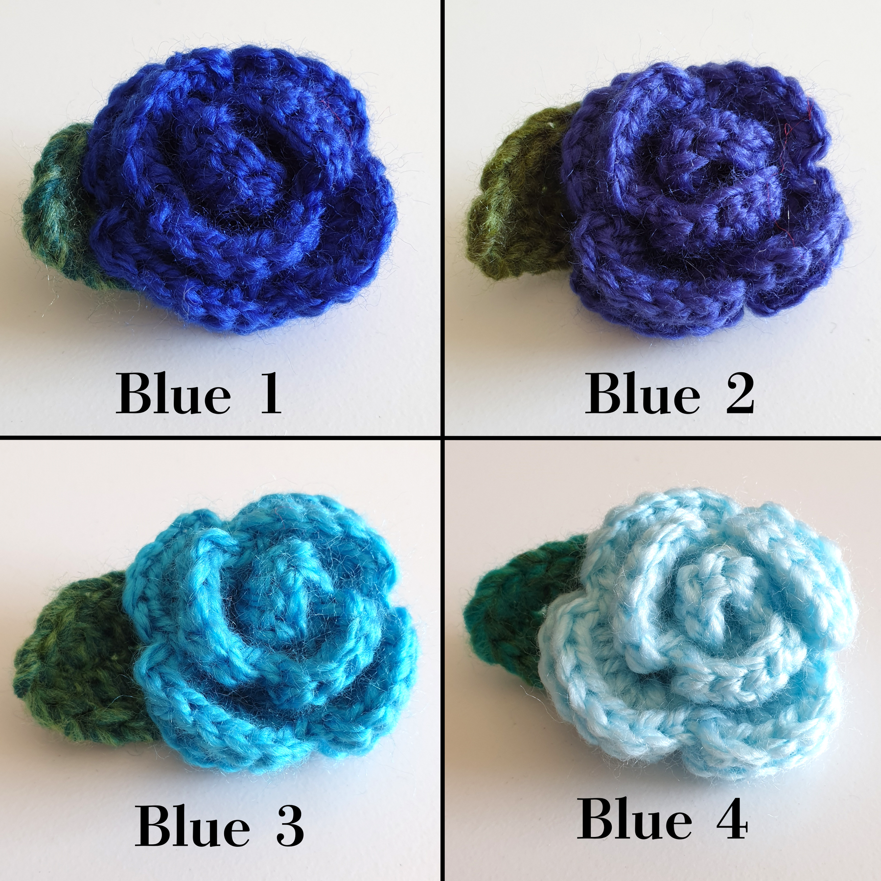 Colourful Hand Knitted Small Crochet Rose Flower + Leaf Brooch - Green Blue (Type 1.3)