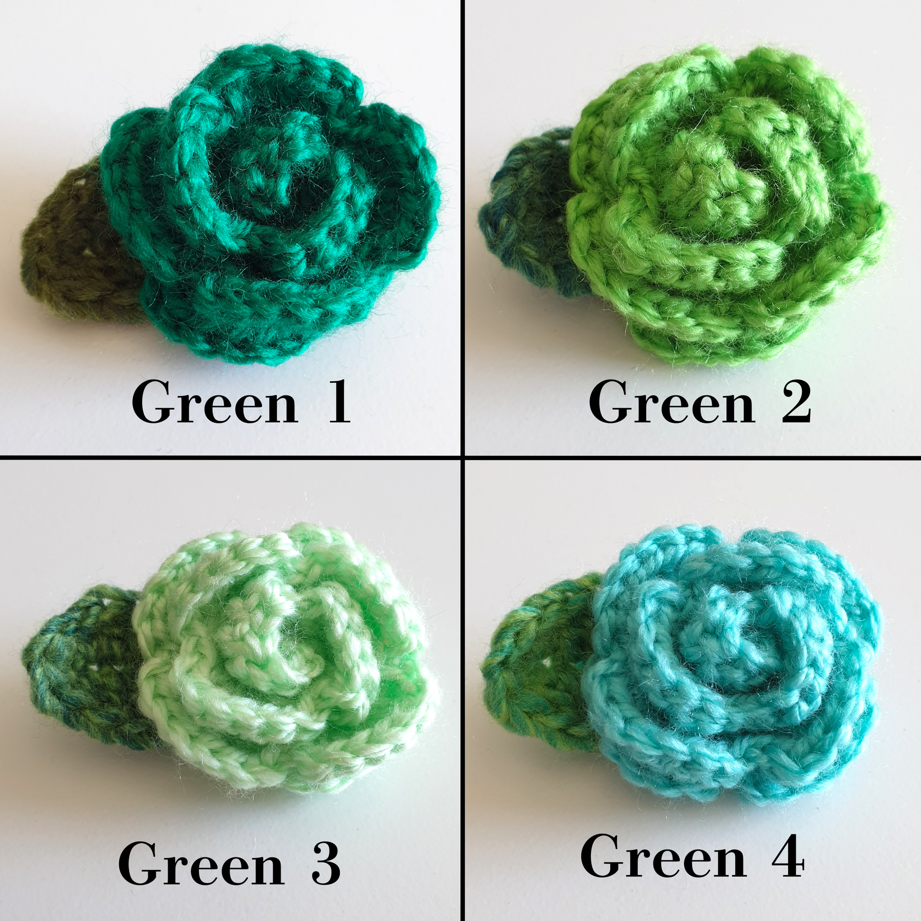 Colourful Hand Knitted Small Crochet Rose Flower + Leaf Brooch - Green Blue (Type 1.3)