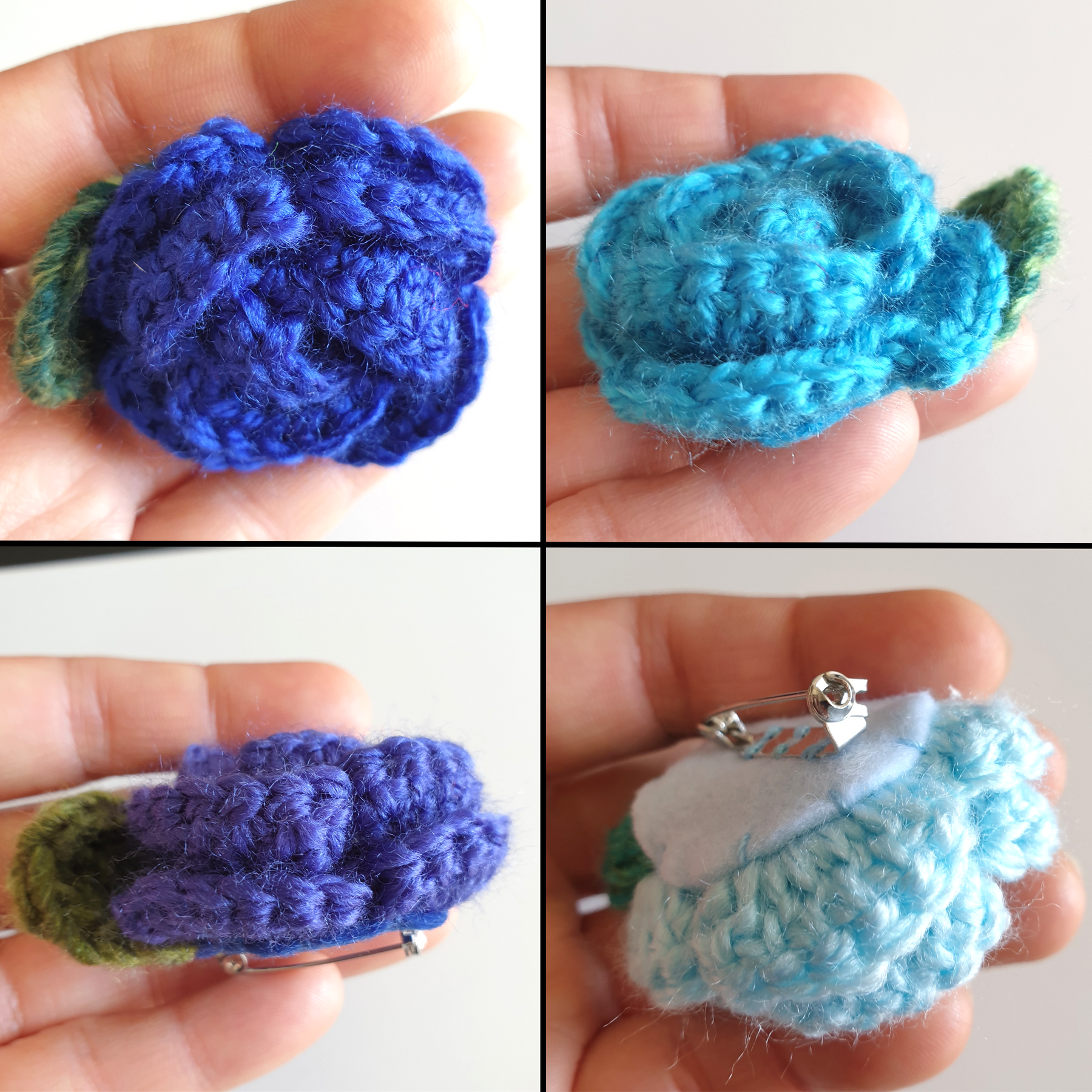 Colourful Hand Knitted Small Crochet Rose Flower + Leaf Brooch - Green Blue (Type 1.3)