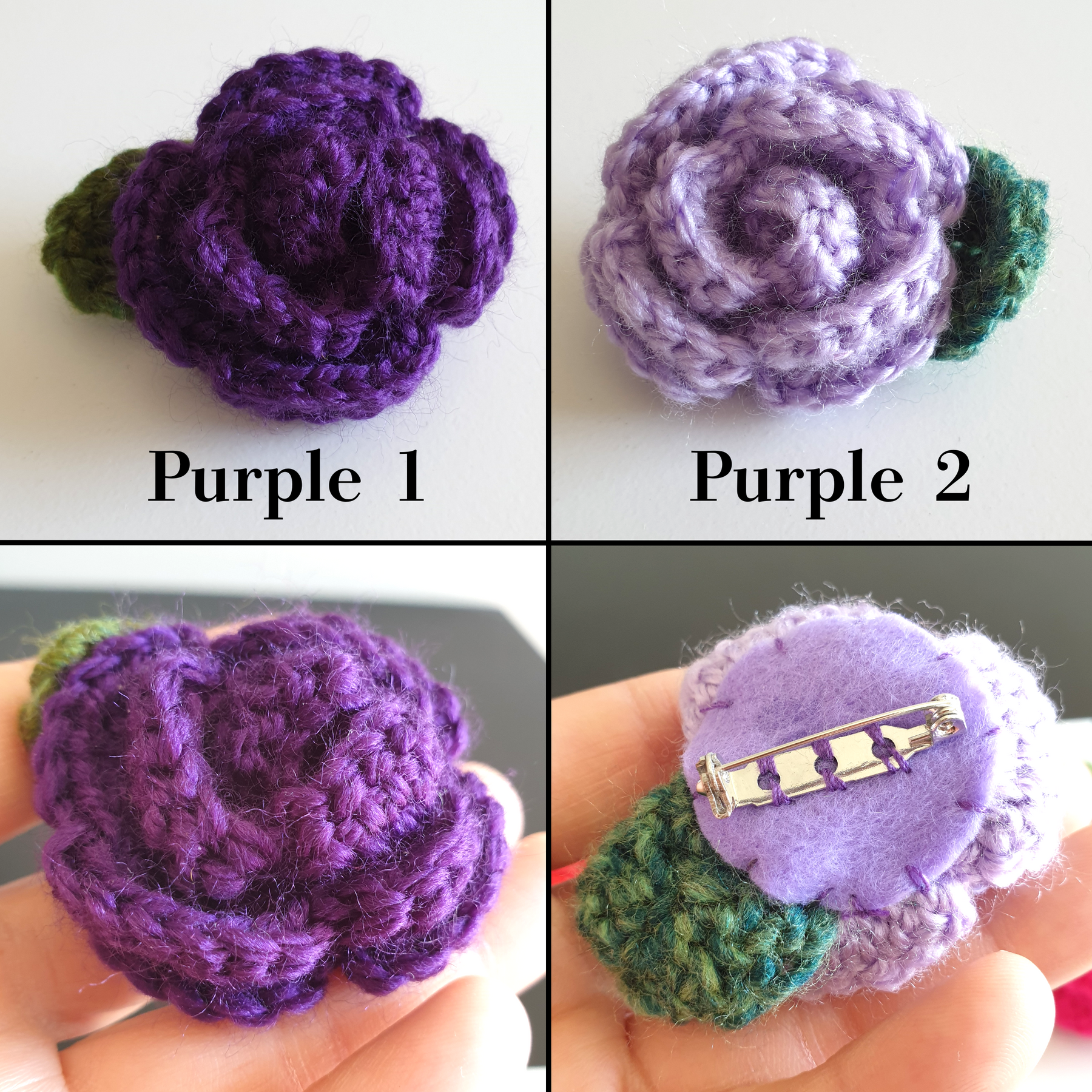 Colourful Hand Knitted Small Crochet Rose Flower + Leaf Brooch - Pink Red Purple (Type 1.3)