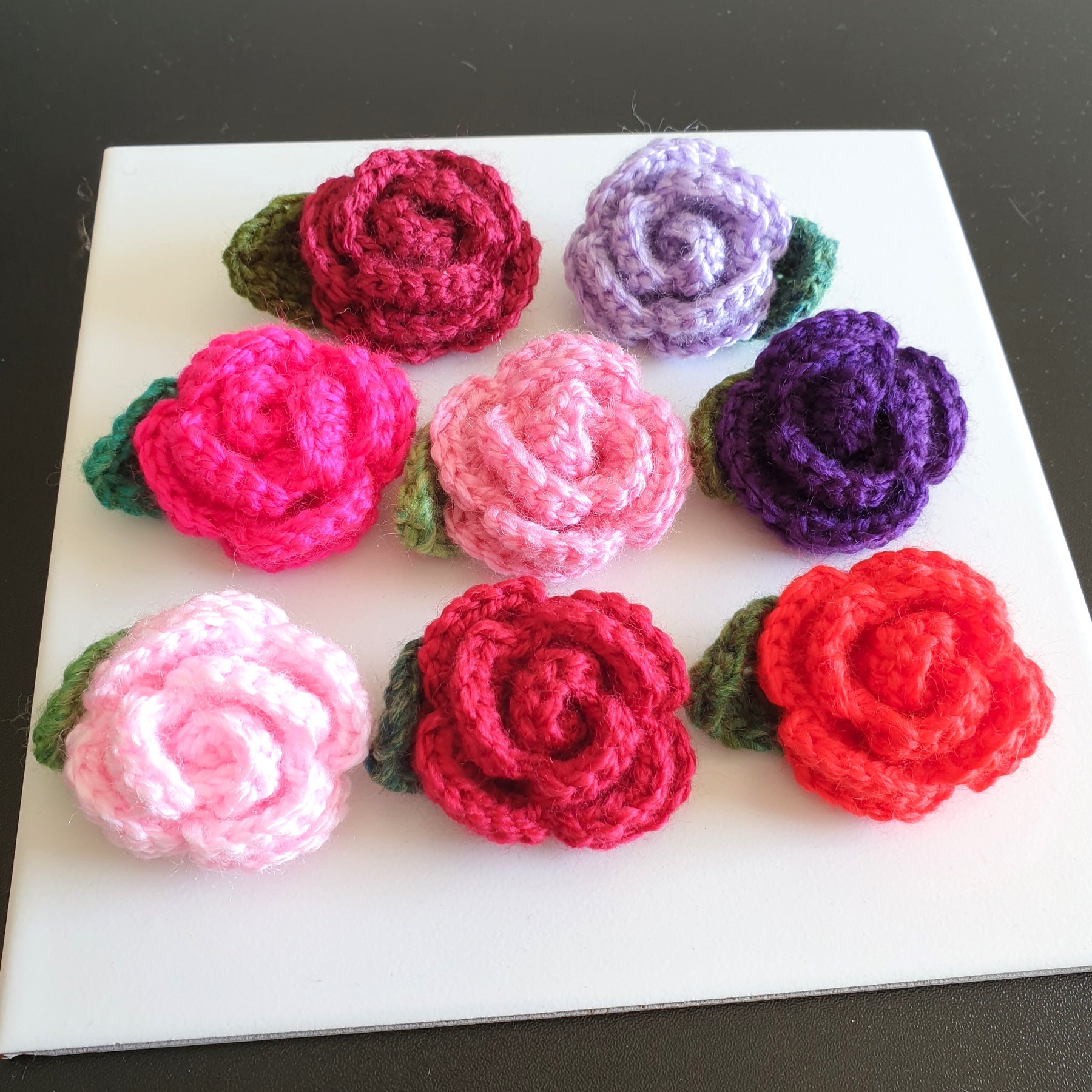 Colourful Hand Knitted Small Crochet Rose Flower + Leaf Brooch - Pink Red Purple (Type 1.3)