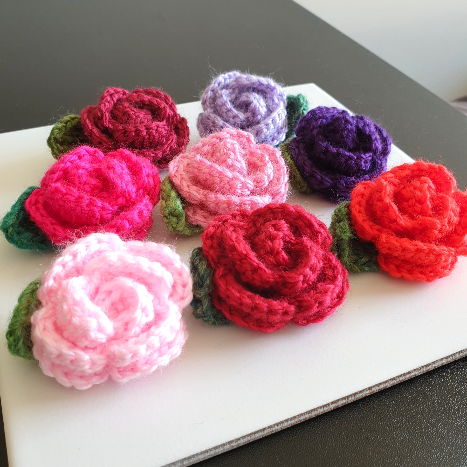 Colourful Hand Knitted Small Crochet Rose Flower + Leaf Brooch - Pink Red Purple (Type 1.3)