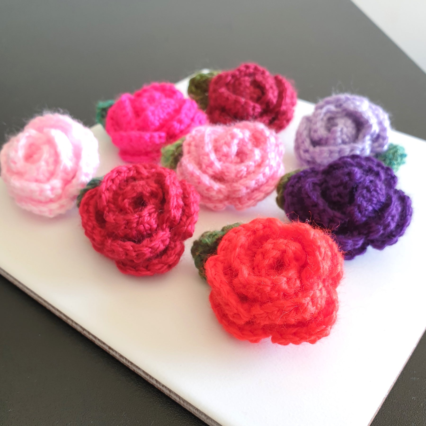 Colourful Hand Knitted Small Crochet Rose Flower + Leaf Brooch - Pink Red Purple (Type 1.3)