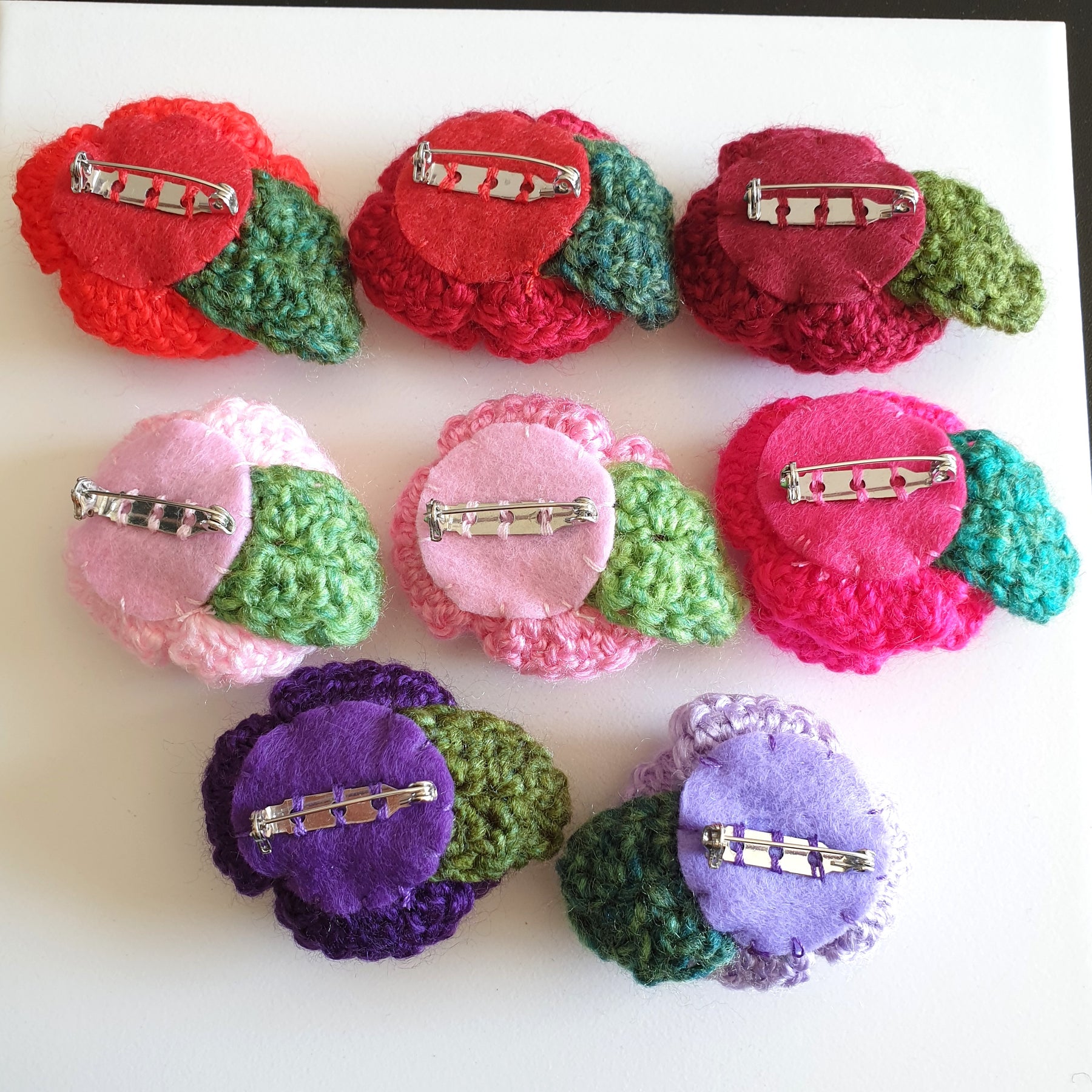 Colourful Hand Knitted Small Crochet Rose Flower + Leaf Brooch - Pink Red Purple (Type 1.3)