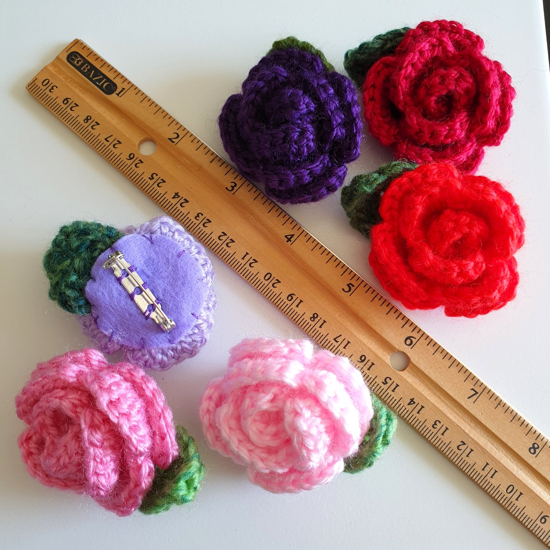 Colourful Hand Knitted Small Crochet Rose Flower + Leaf Brooch - Pink Red Purple (Type 1.3)