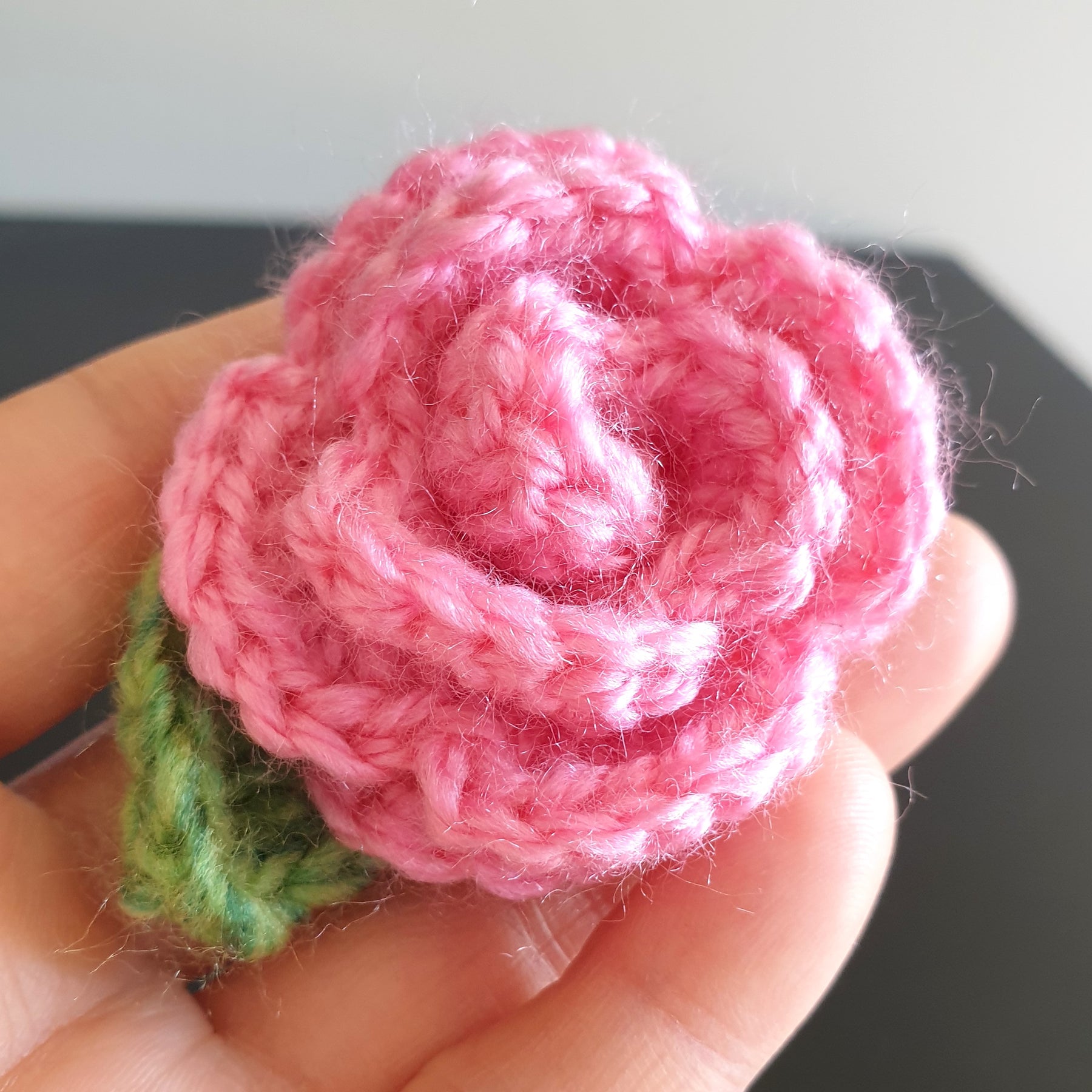 Colourful Hand Knitted Small Crochet Rose Flower + Leaf Brooch - Pink Red Purple (Type 1.3)