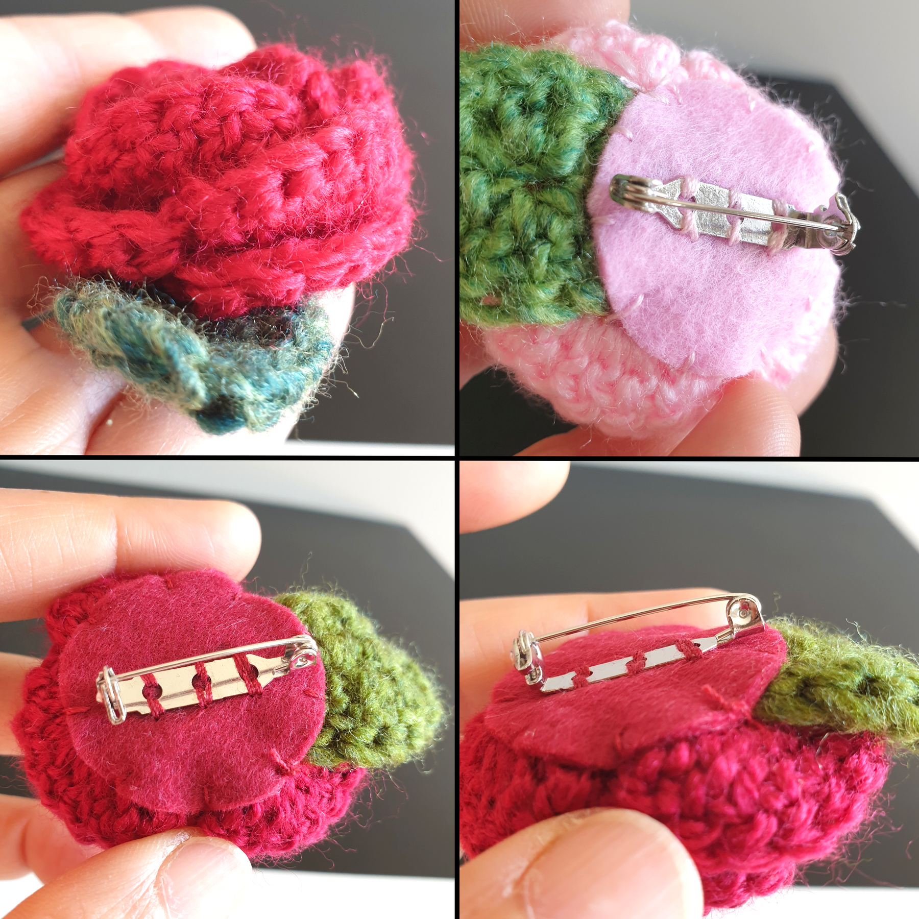 Colourful Hand Knitted Small Crochet Rose Flower + Leaf Brooch - Pink Red Purple (Type 1.3)