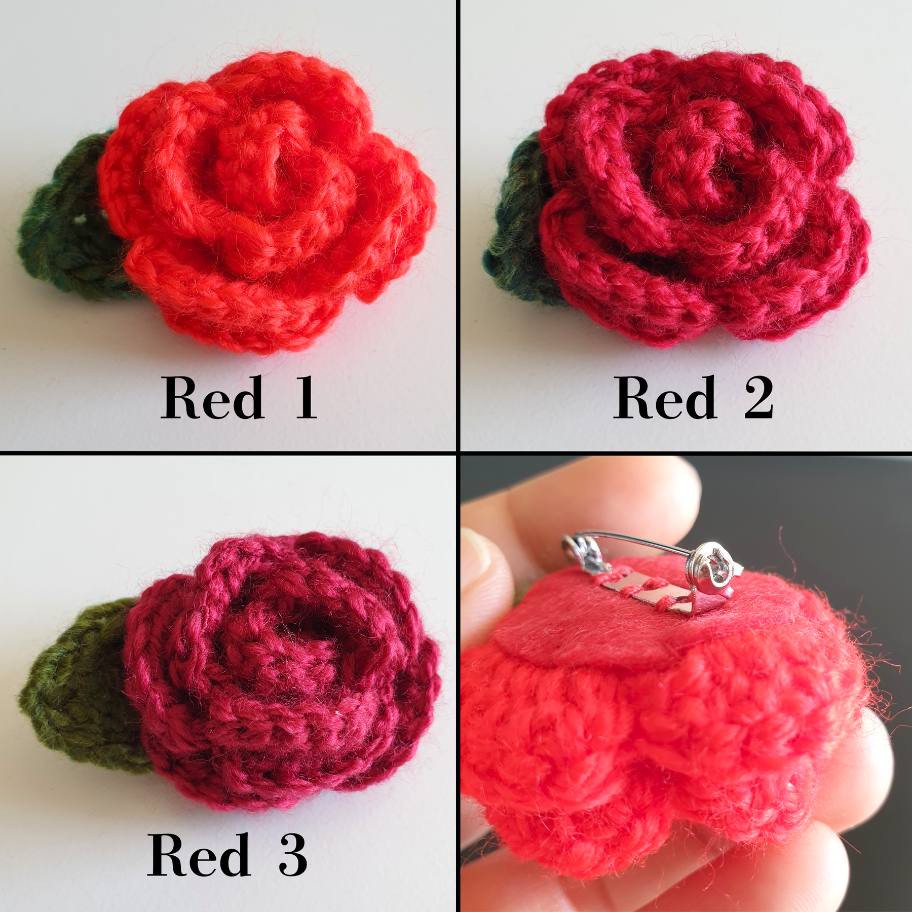 Colourful Hand Knitted Small Crochet Rose Flower + Leaf Brooch - Pink Red Purple (Type 1.3)