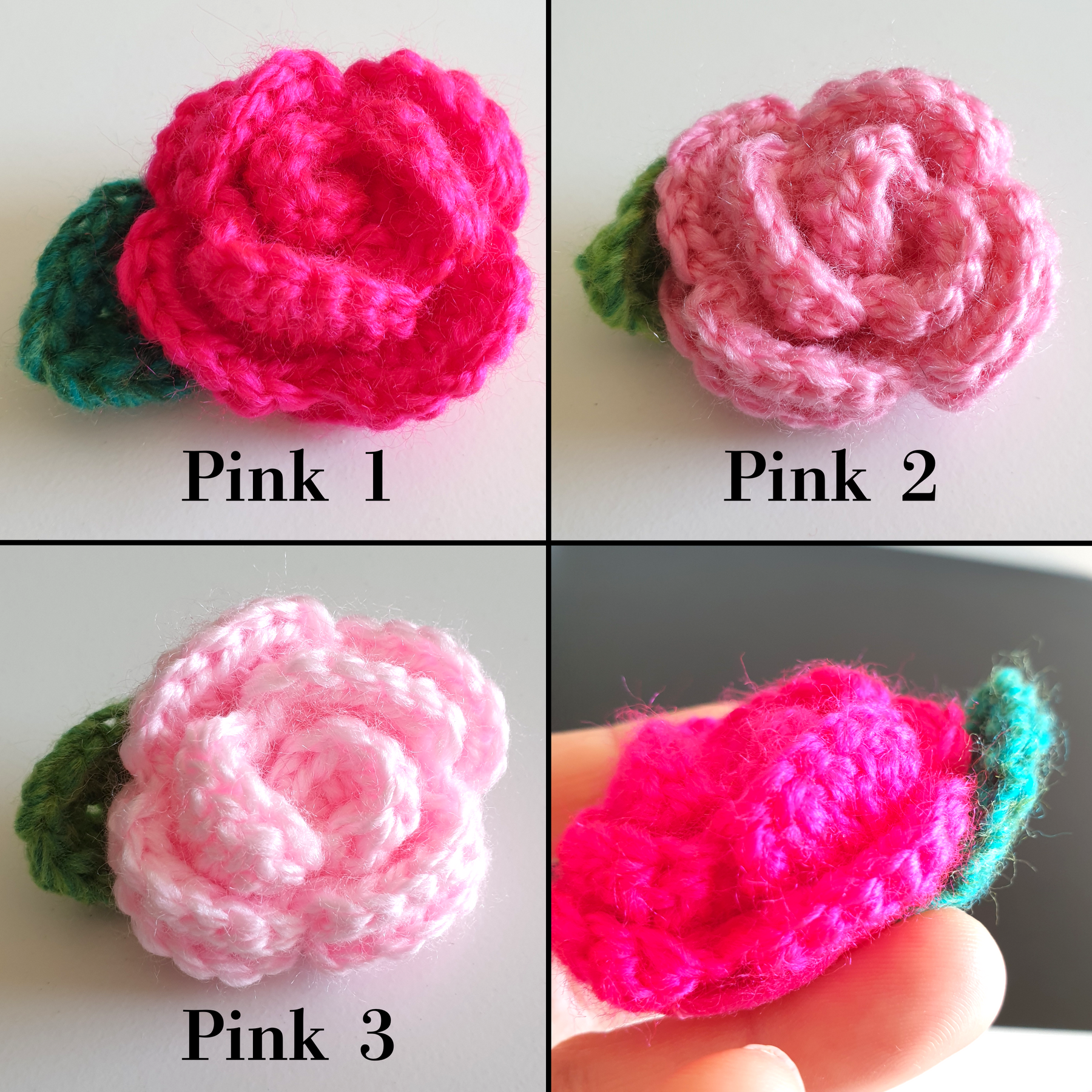 Colourful Hand Knitted Small Crochet Rose Flower + Leaf Brooch - Pink Red Purple (Type 1.3)