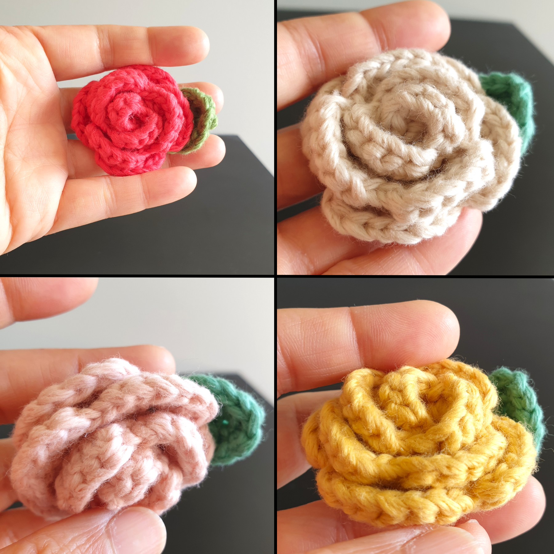 Hand Knitted Small Crochet Rose Flower + Leaf Brooch Country style - Red Yellow Black White Blue Pink (Type 2.3)