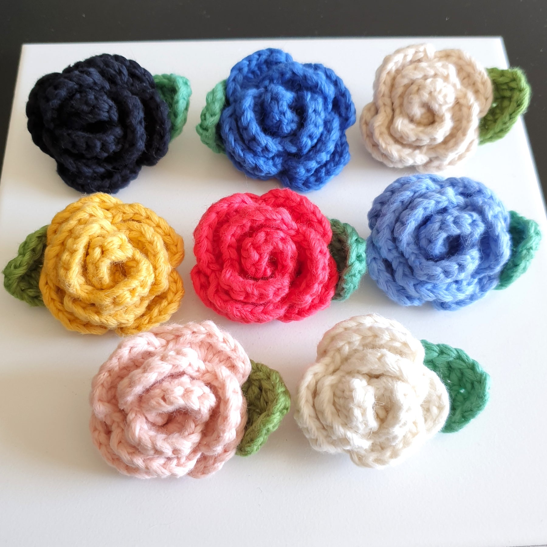Hand Knitted Small Crochet Rose Flower + Leaf Brooch Country style - Red Yellow Black White Blue Pink (Type 2.3)