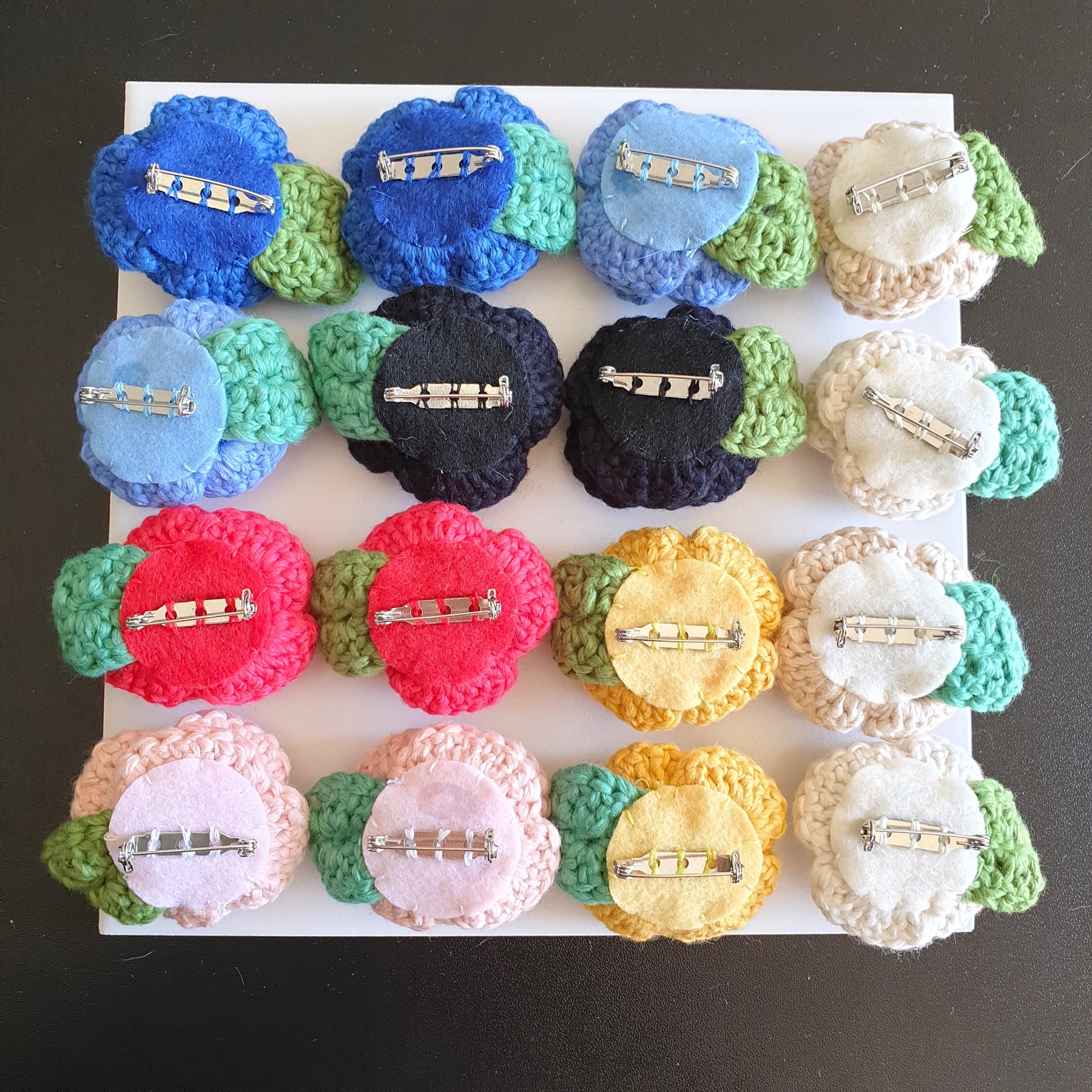 Hand Knitted Small Crochet Rose Flower + Leaf Brooch Country style - Red Yellow Black White Blue Pink (Type 2.3)