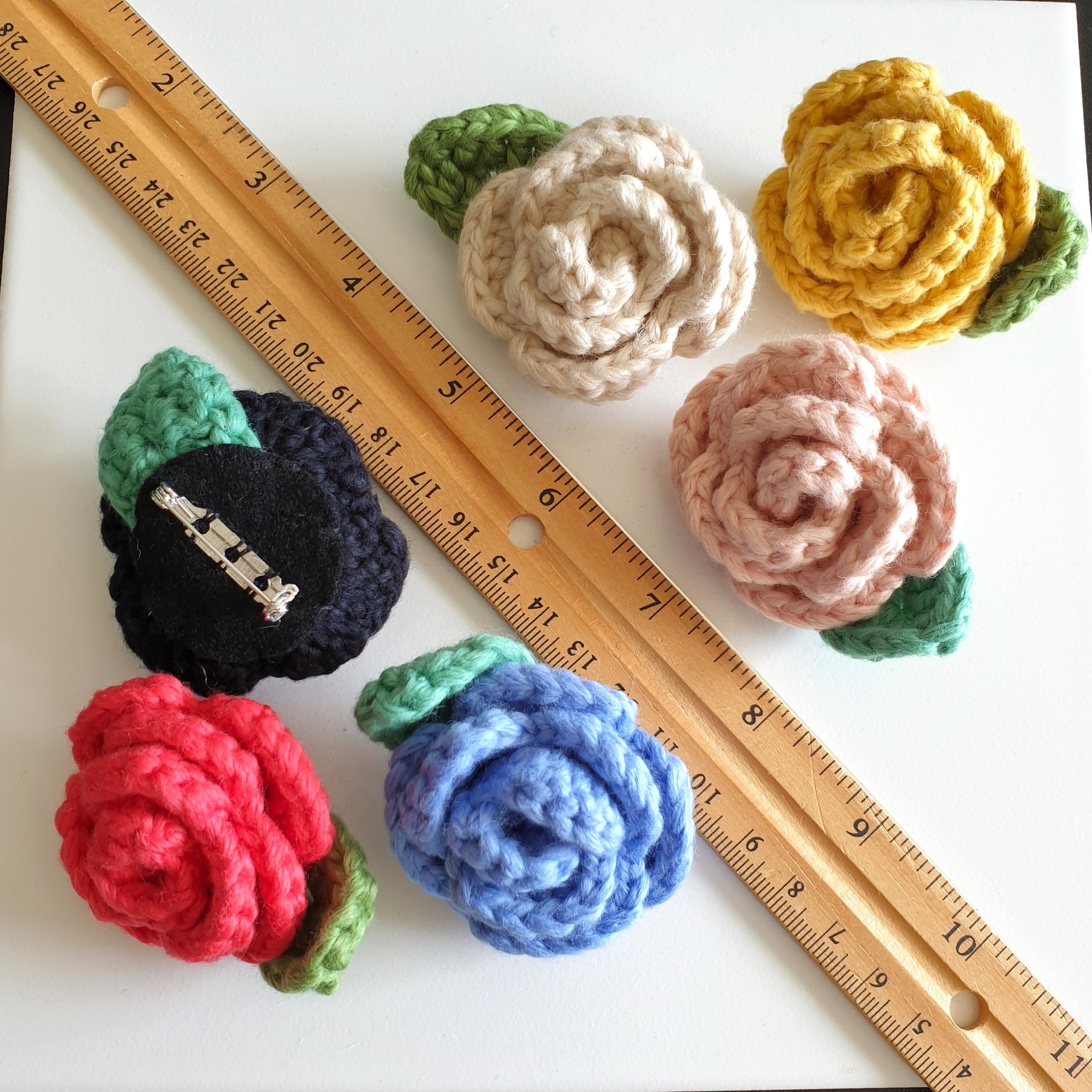 Hand Knitted Small Crochet Rose Flower + Leaf Brooch Country style - Red Yellow Black White Blue Pink (Type 2.3)